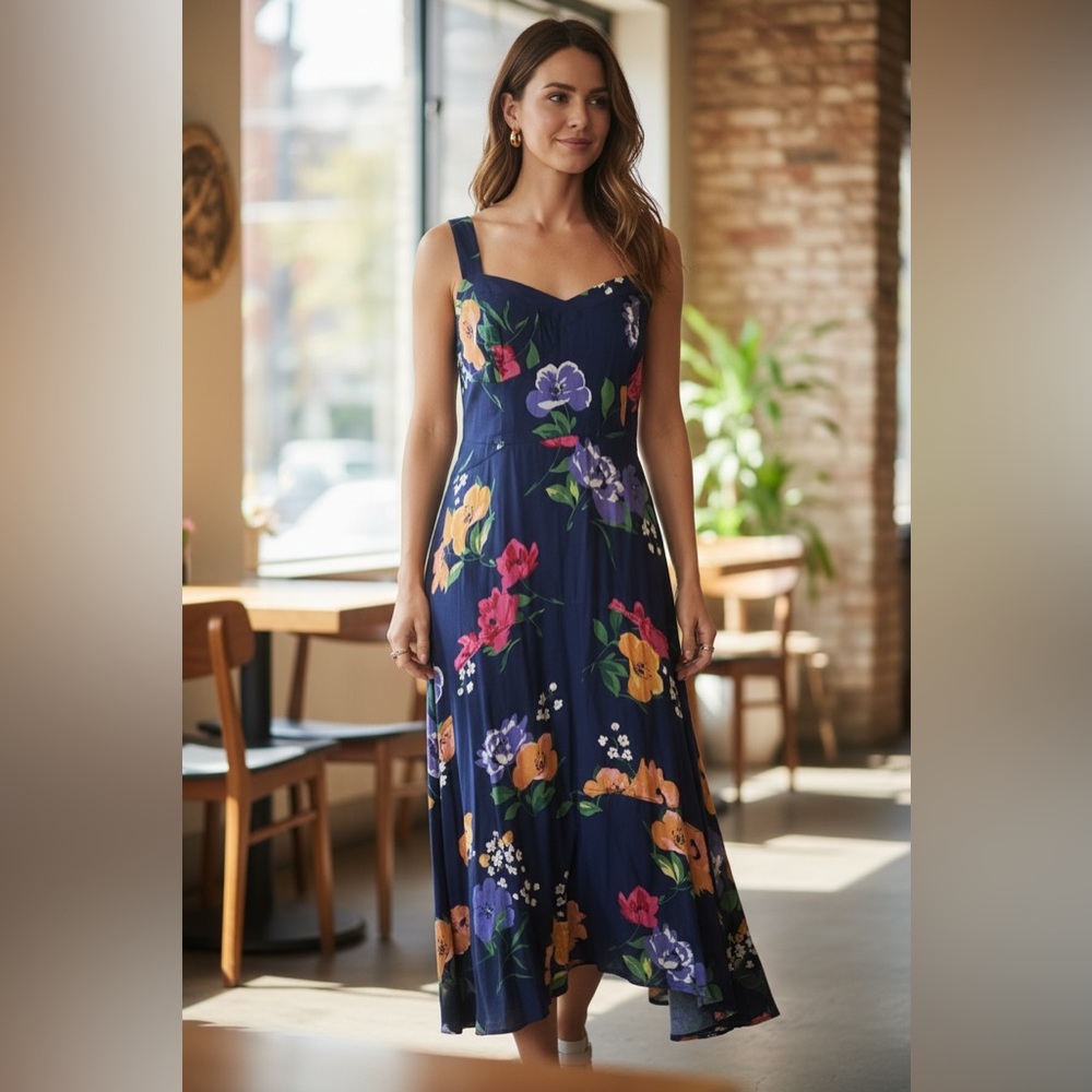 Maeve for Anthropologie Vivienne Midi Dress Navy Blue Floral Women’s Size 12